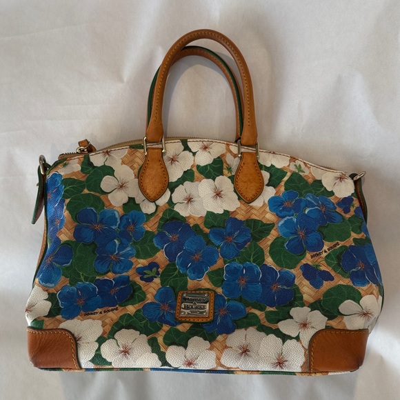 Dooney & Bourke Handbags - Dooney & Bourke Pansy Domed Satchel Yellow Blue Tan White Floral Leather